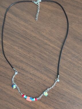 Patriotic Bead & Chain Necklace in Black with Red, White, Blue Accents